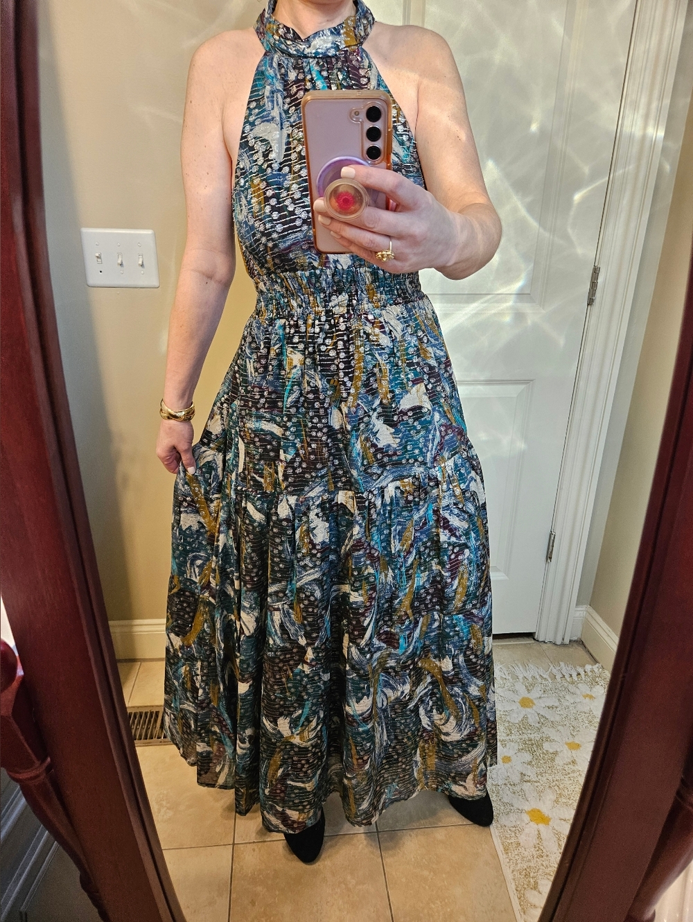 Anthropologie Somerset Halter Maxi Dress Metallic Abstract Print Smocked Waist S